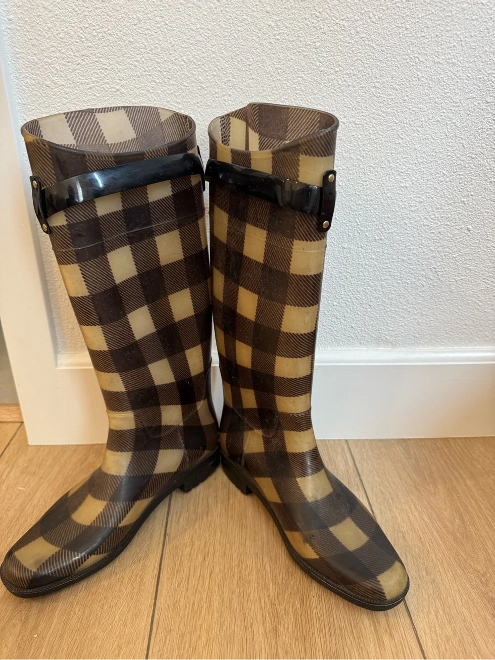 Lauren Ralph Lauren Buffalo Plaid Tall Rain Boots Black Tan Women’s Size 9